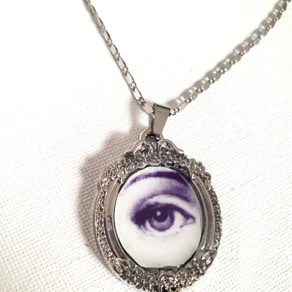 EVIL EYE PROTECTION ANTIQUE ART PENDANT NECKLACE SILVER FORNASETTI 17 Inch - Picture 1 of 7